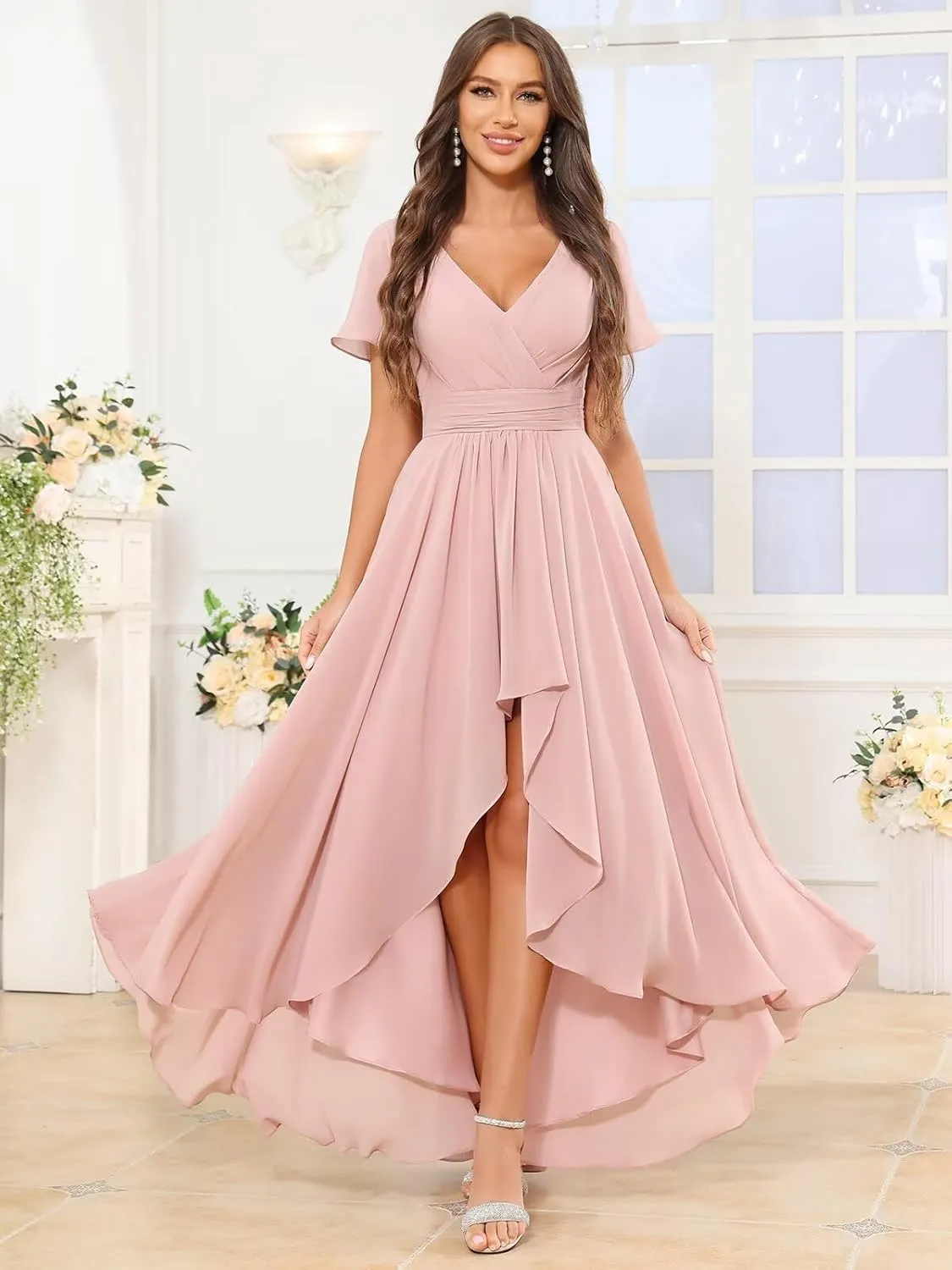 V Neck Bridesmaid Dresses for Women Short Sleeve High Low Chiffon Pleated A Line Formal Dress with Pockets