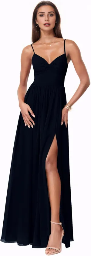 V Neck Bridesmaid Dresses with Slit 2025 Chiffon A-line Formal Evening Gowns with Pockets P136