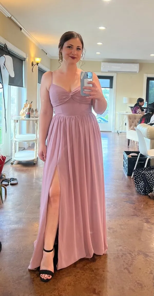 V Neck Bridesmaid Dresses with Slit 2025 Chiffon A-line Formal Evening Gowns with Pockets P136
