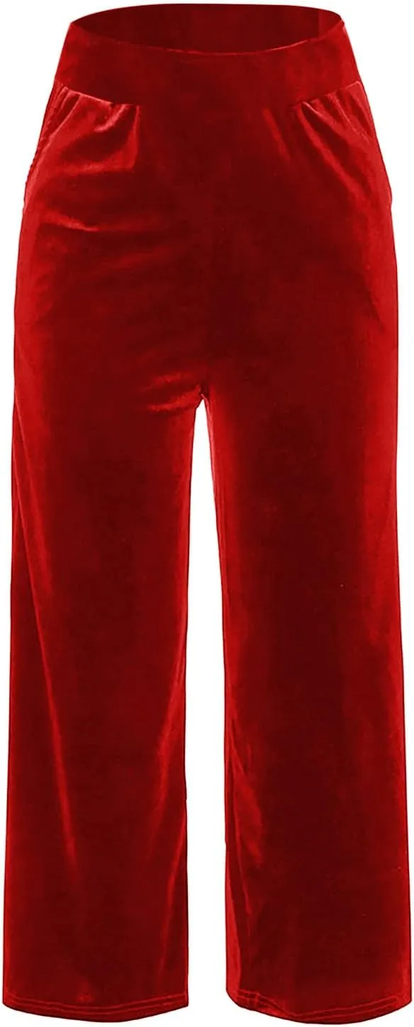 Velour Sweatpants Womens Elastic High Waist Loose Casual Yoga Pants Solid Soft Wide-Leg Straight Trousers
