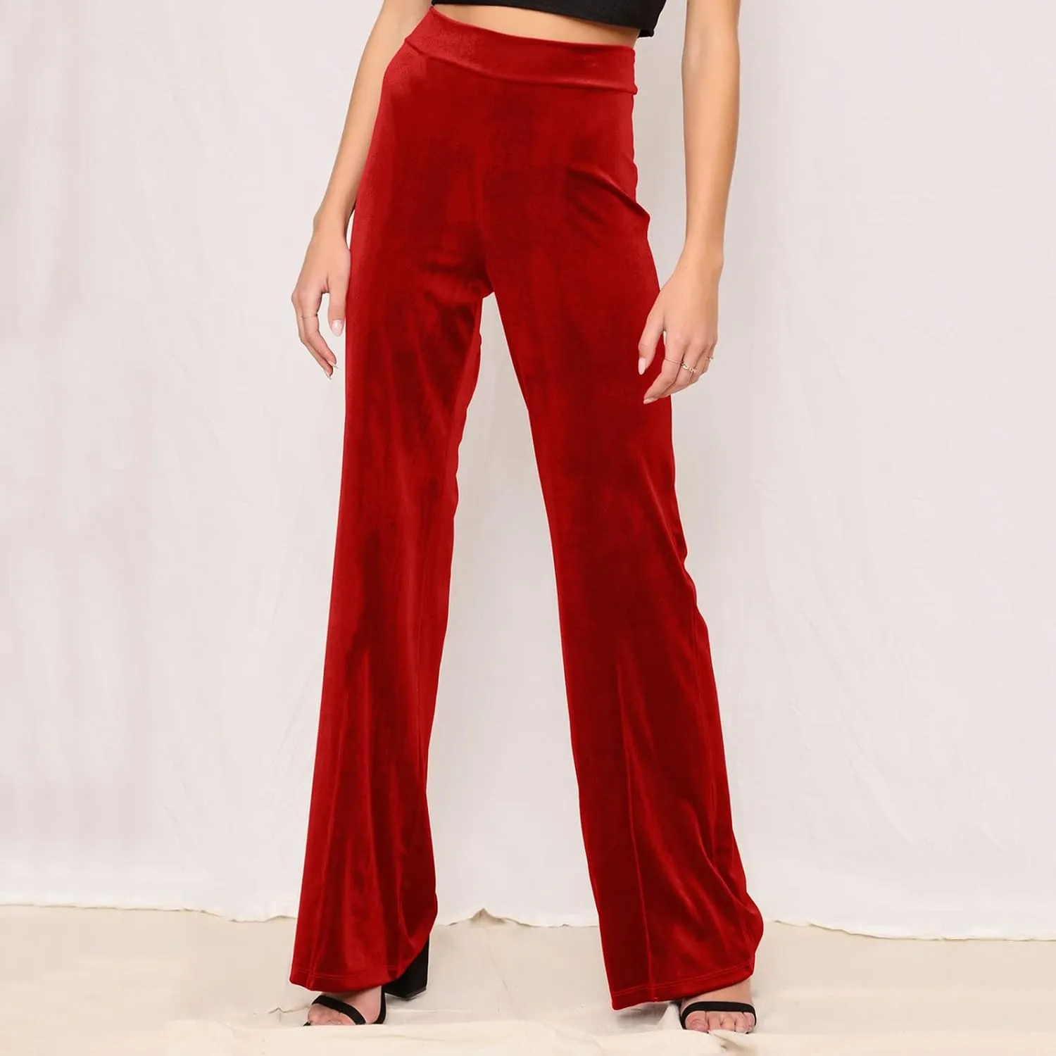 Velour Sweatpants Womens Elastic High Waist Loose Casual Yoga Pants Solid Soft Wide-Leg Straight Trousers