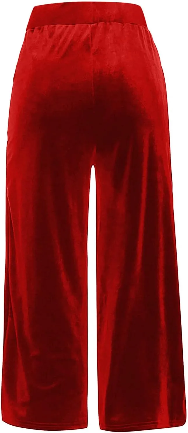 Velour Sweatpants Womens Elastic High Waist Loose Casual Yoga Pants Solid Soft Wide-Leg Straight Trousers