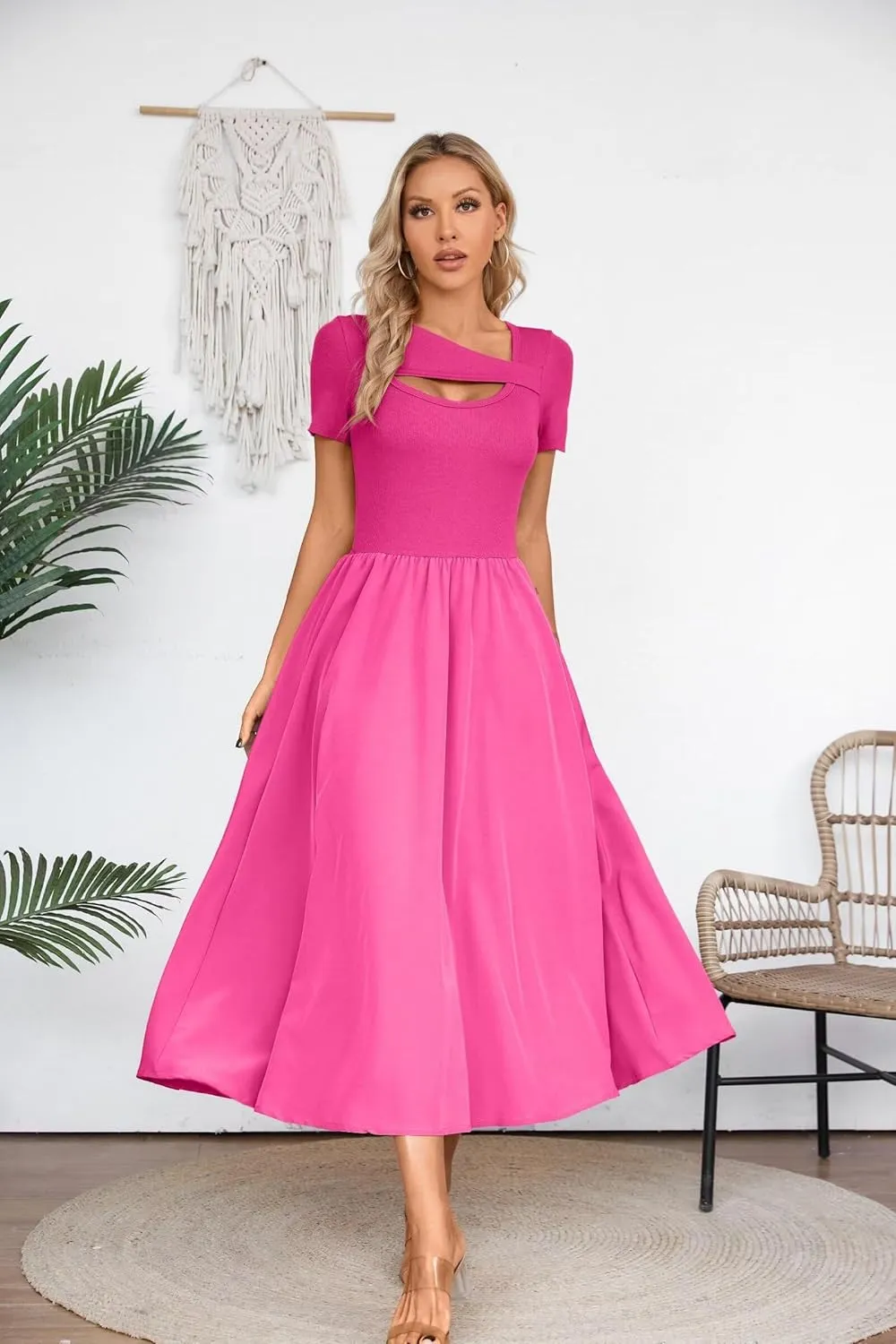 VICHYIE Womens Summer Dresses Cutout One Piece Ribbed Maxi Short Sleeve Casual Flowy A-Line Long Midi Dress