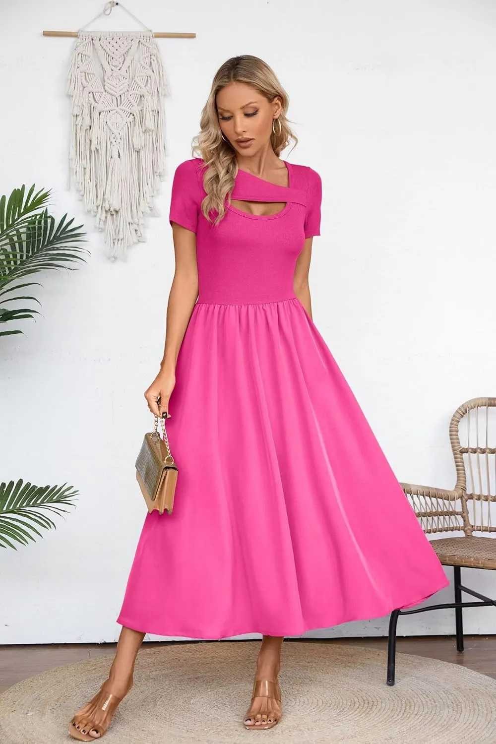 VICHYIE Womens Summer Dresses Cutout One Piece Ribbed Maxi Short Sleeve Casual Flowy A-Line Long Midi Dress
