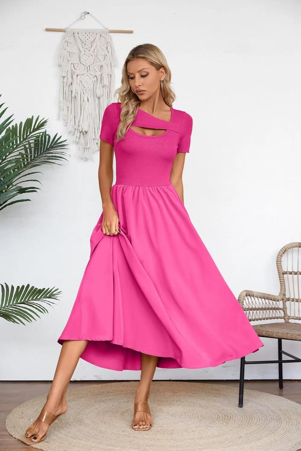 VICHYIE Womens Summer Dresses Cutout One Piece Ribbed Maxi Short Sleeve Casual Flowy A-Line Long Midi Dress