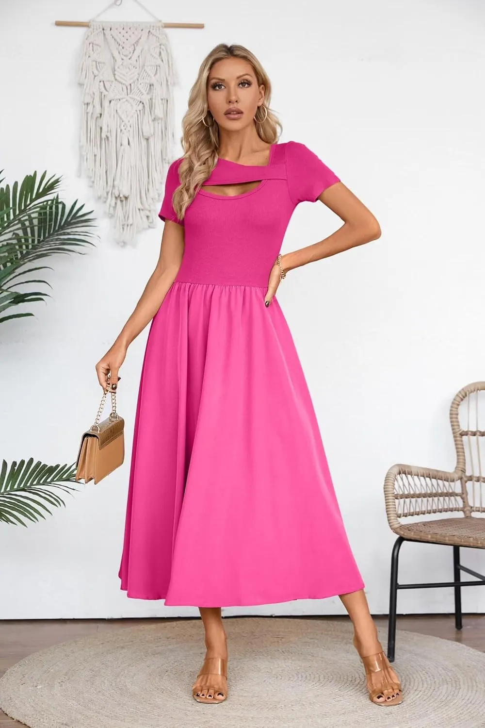 VICHYIE Womens Summer Dresses Cutout One Piece Ribbed Maxi Short Sleeve Casual Flowy A-Line Long Midi Dress