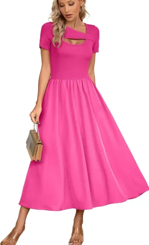 VICHYIE Womens Summer Dresses Cutout One Piece Ribbed Maxi Short Sleeve Casual Flowy A-Line Long Midi Dress
