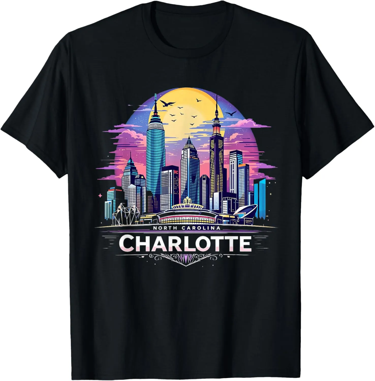 Vintage Charlotte North Carolina Sunset Skyline Cityscape T-Shirt
