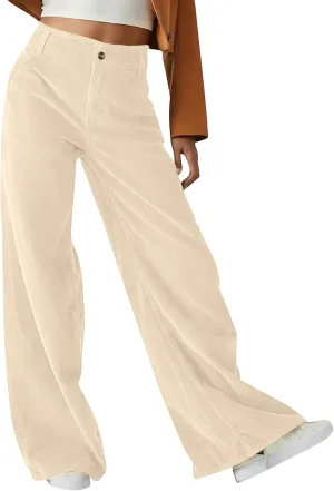 Vintage Corduroy Pants for Women Elastic High Waist Pull On Straight Leg Slacks Casual Lounge Work Trousers Pants