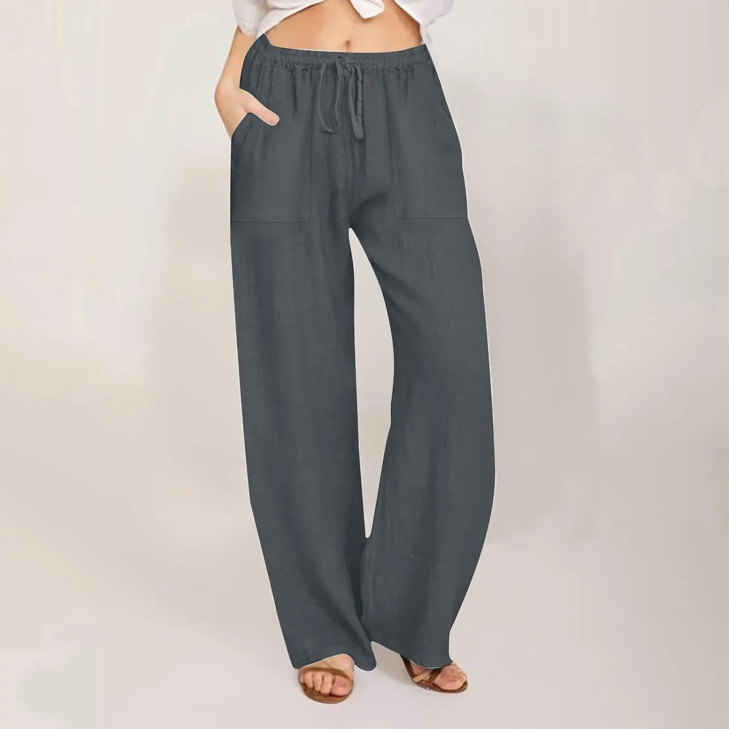 Wide Leg Linen Pants for Women 2025 Summer Drawstring Waist Loose Cotton Linen Palazzo Trousers Casual Lounge Pants