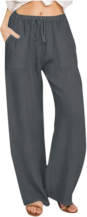 Wide Leg Linen Pants for Women 2025 Summer Drawstring Waist Loose Cotton Linen Palazzo Trousers Casual Lounge Pants
