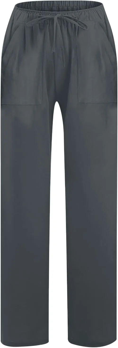 Wide Leg Linen Pants for Women 2025 Summer Drawstring Waist Loose Cotton Linen Palazzo Trousers Casual Lounge Pants