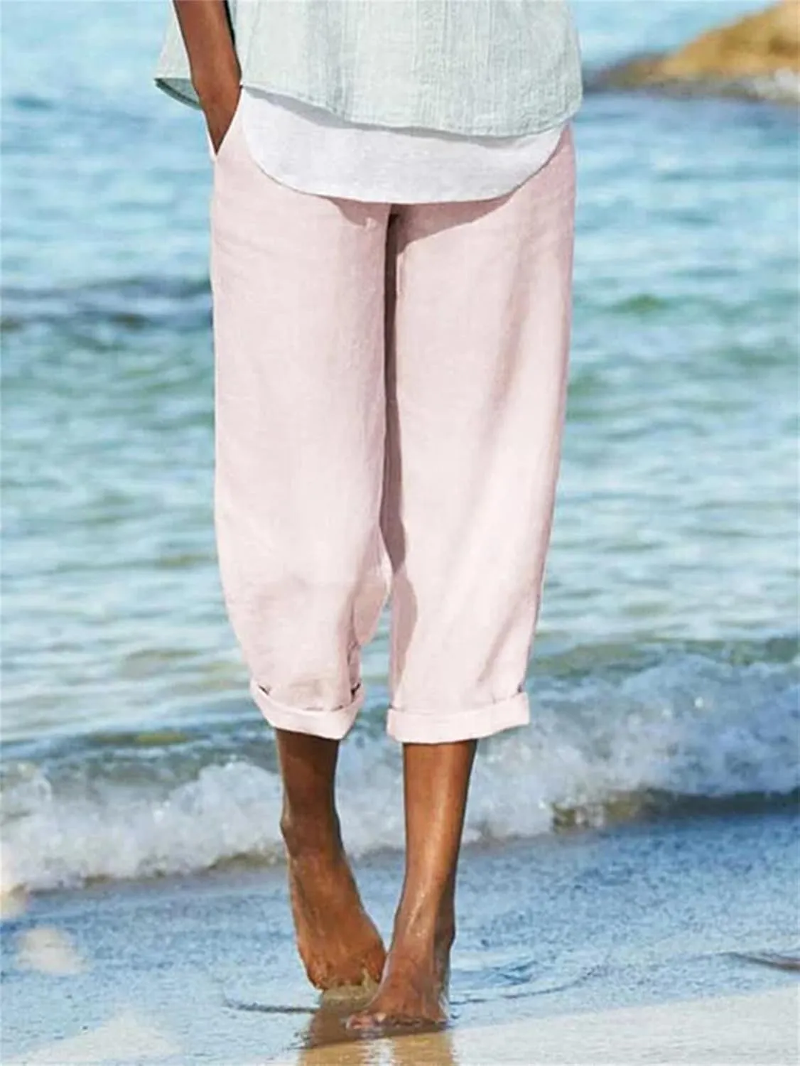 Wide Leg Linen Pants for Women Casual Summer Capris Cotton Linen Palazzo Pants Baggy Trousers with Pockets