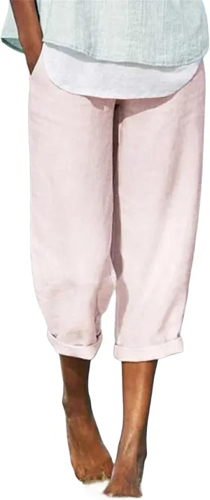 Wide Leg Linen Pants for Women Casual Summer Capris Cotton Linen Palazzo Pants Baggy Trousers with Pockets