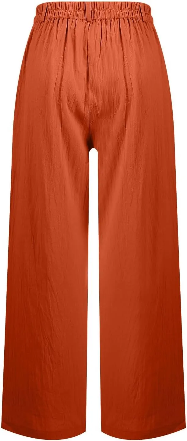 Wide Leg Linen Pants for Women Dressy Button Down High Waisted Palazzo Pants Summer Work Trousers Slacks with Pockets