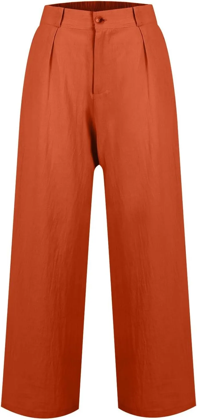 Wide Leg Linen Pants for Women Dressy Button Down High Waisted Palazzo Pants Summer Work Trousers Slacks with Pockets