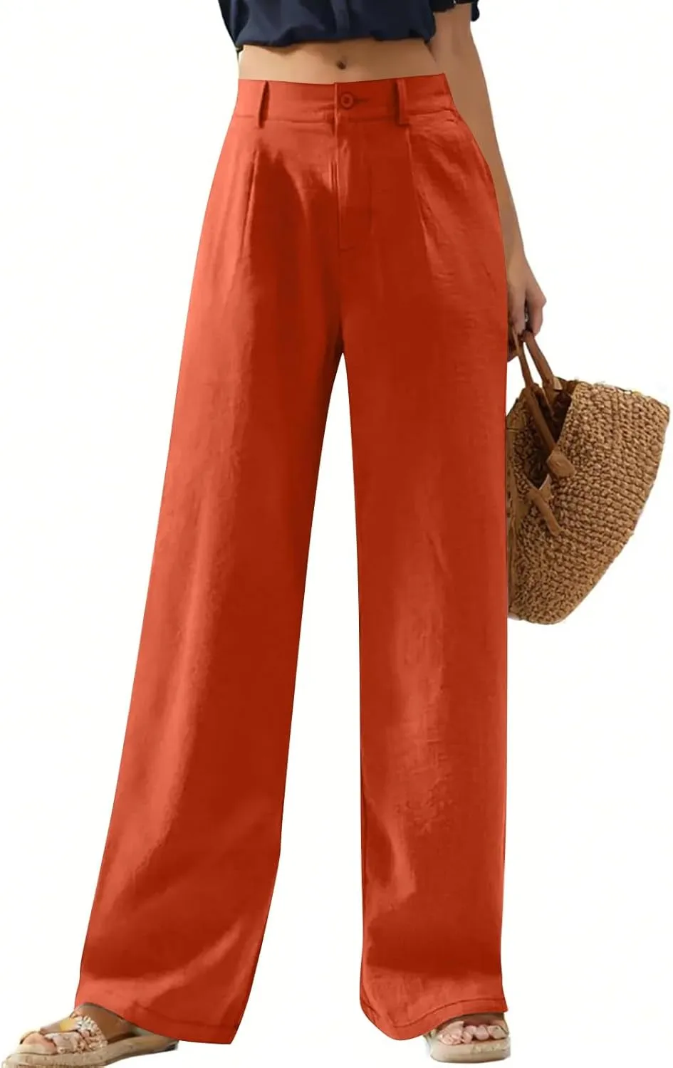 Wide Leg Linen Pants for Women Dressy Button Down High Waisted Palazzo Pants Summer Work Trousers Slacks with Pockets