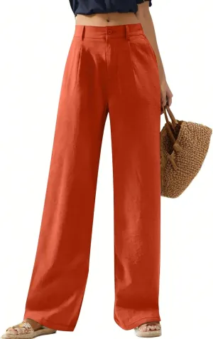Wide Leg Linen Pants for Women Dressy Button Down High Waisted Palazzo Pants Summer Work Trousers Slacks with Pockets
