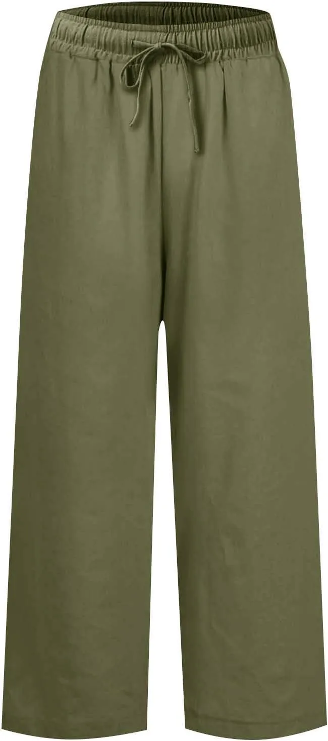 Wide Leg Linen Pants Woman Elastic High Waist Cropped Slacks Trendy Summer Business Casual Work Lounge Trouser Pockets
