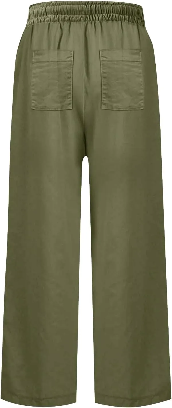 Wide Leg Linen Pants Woman Elastic High Waist Cropped Slacks Trendy Summer Business Casual Work Lounge Trouser Pockets