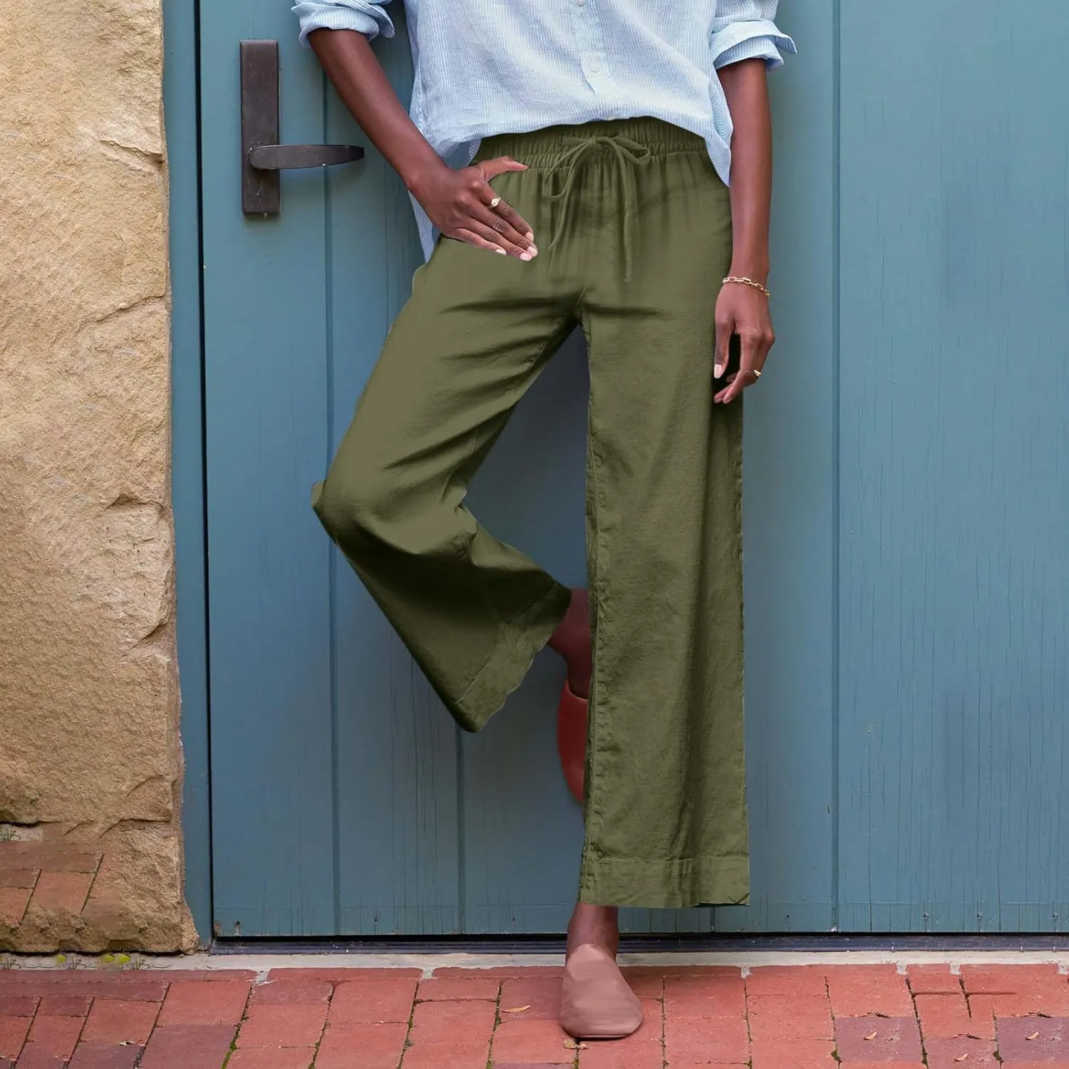 Wide Leg Linen Pants Woman Elastic High Waist Cropped Slacks Trendy Summer Business Casual Work Lounge Trouser Pockets