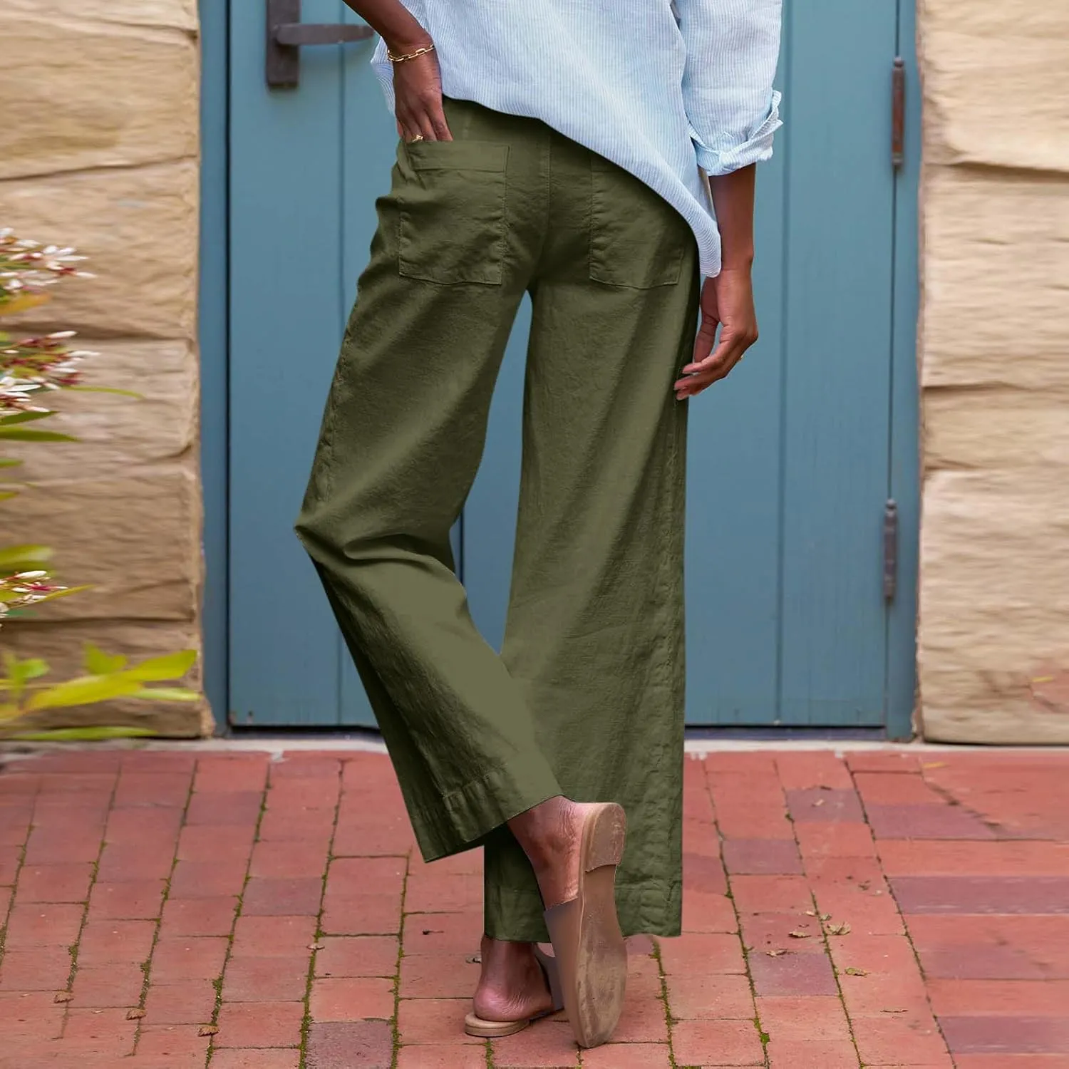 Wide Leg Linen Pants Woman Elastic High Waist Cropped Slacks Trendy Summer Business Casual Work Lounge Trouser Pockets