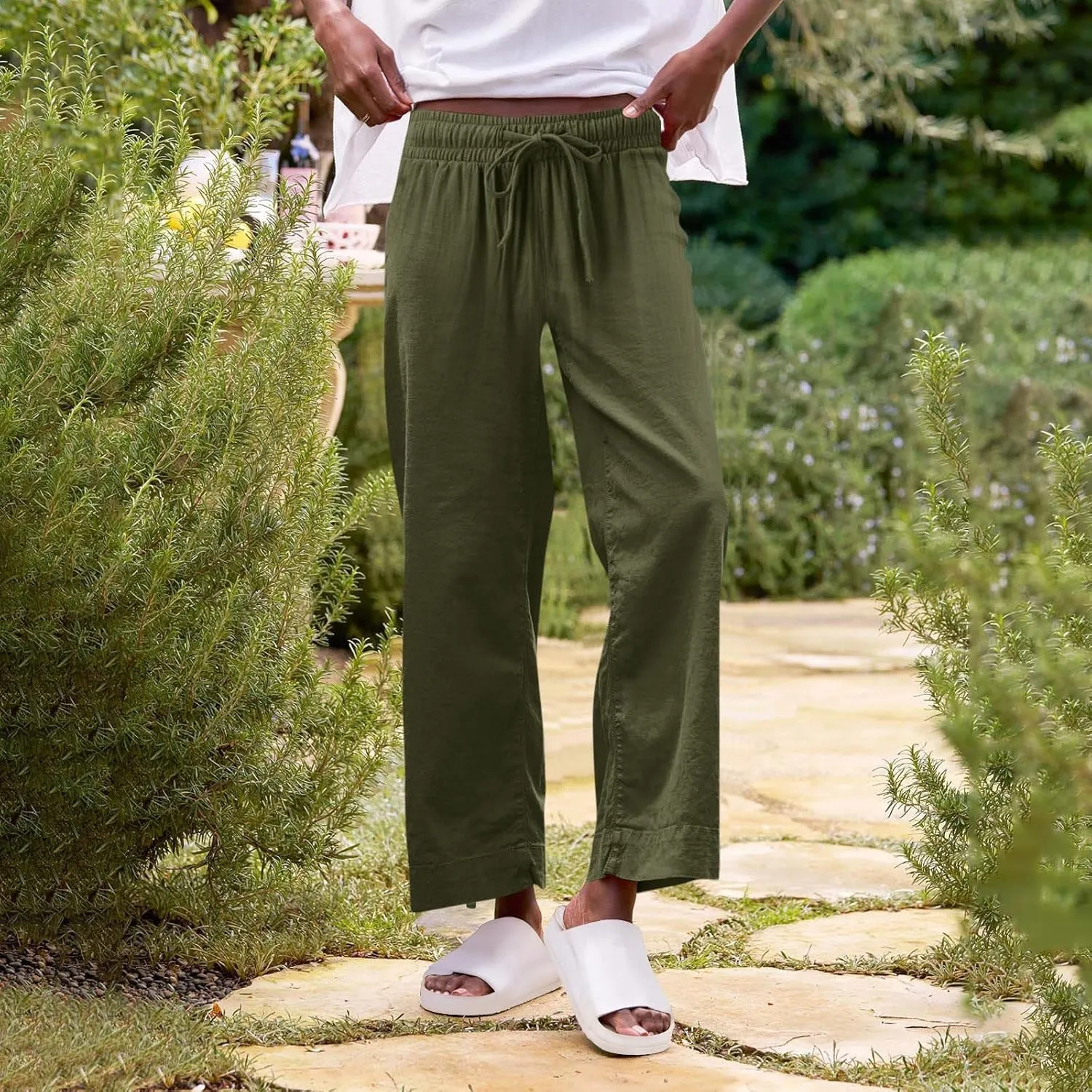 Wide Leg Linen Pants Woman Elastic High Waist Cropped Slacks Trendy Summer Business Casual Work Lounge Trouser Pockets