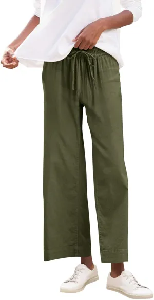 Wide Leg Linen Pants Woman Elastic High Waist Cropped Slacks Trendy Summer Business Casual Work Lounge Trouser Pockets