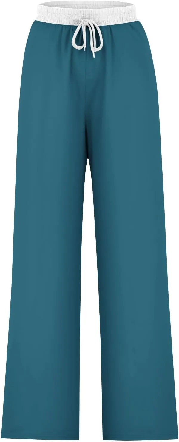 Wide Leg Pants for Women 2024 Stylish Drawstring Elastic High Waist Trousers Casual Color Block Baggy Fall Outfits