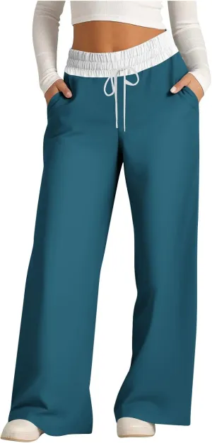 Wide Leg Pants for Women 2024 Stylish Drawstring Elastic High Waist Trousers Casual Color Block Baggy Fall Outfits