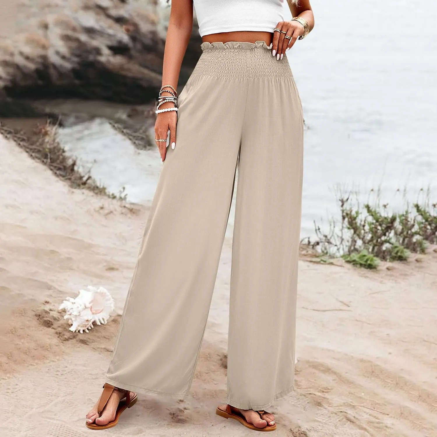 Wide Leg Pants for Women Cotton Linen Summer Pants Casual Elastic Waist High Waisted with Pockets Soft Solid Trouser