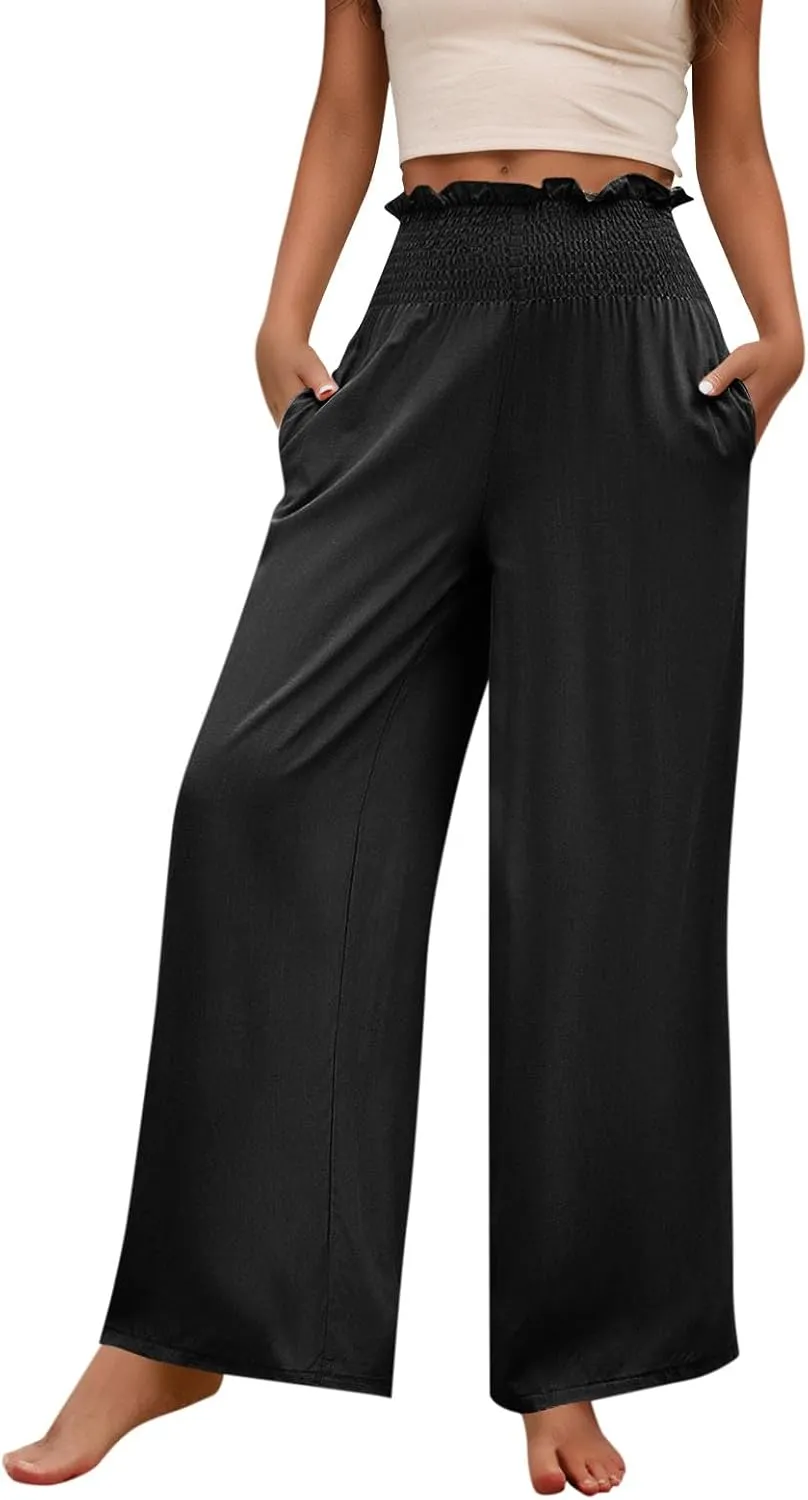 Wide Leg Pants for Women Cotton Linen Summer Pants Casual Elastic Waist High Waisted with Pockets Soft Solid Trouser
