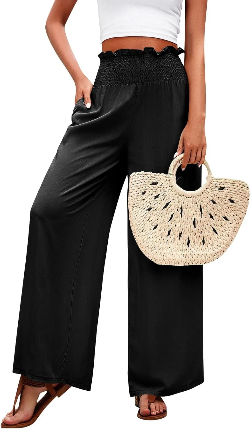 Wide Leg Pants for Women Cotton Linen Summer Pants Casual Elastic Waist High Waisted with Pockets Soft Solid Trouser
