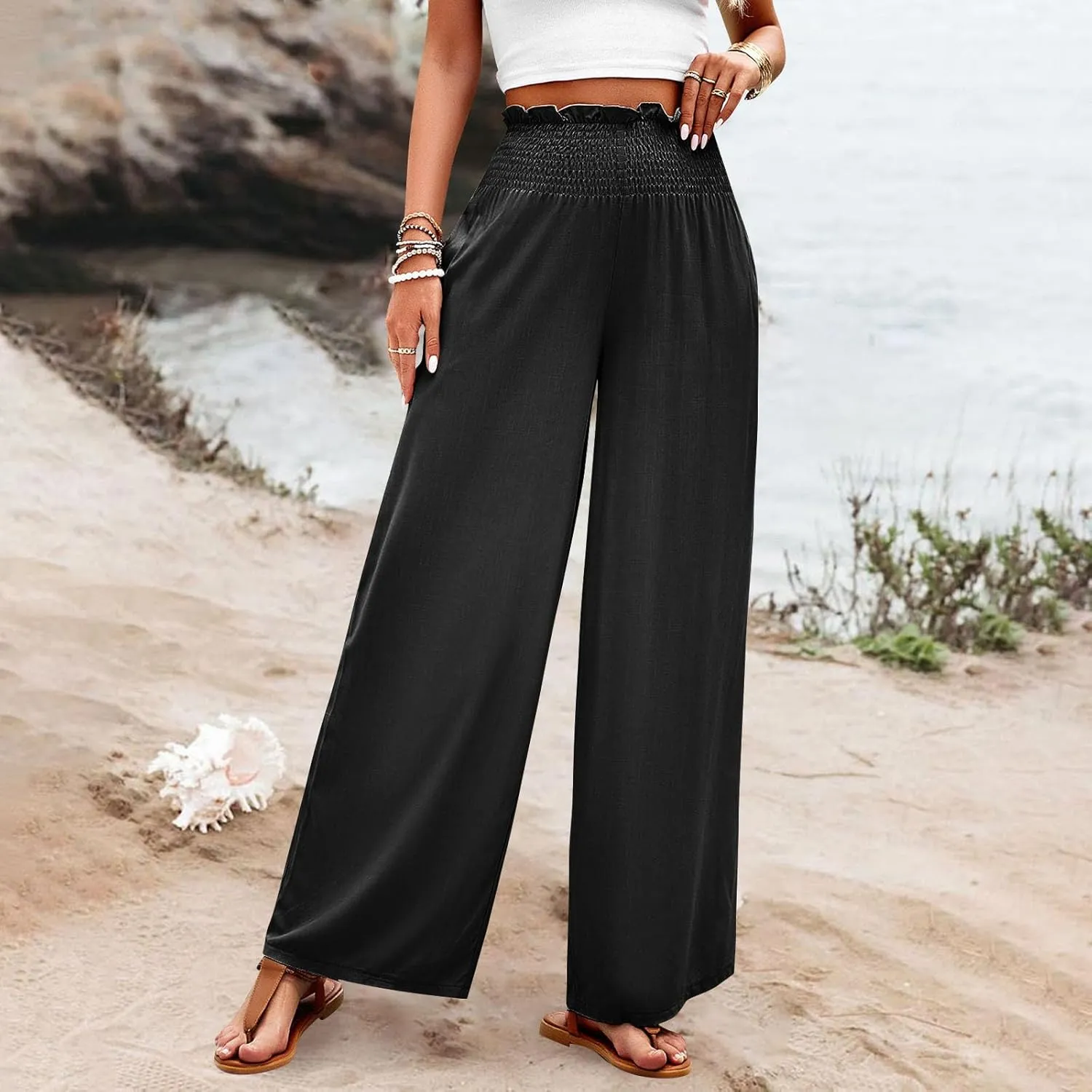 Wide Leg Pants for Women Cotton Linen Summer Pants Casual Elastic Waist High Waisted with Pockets Soft Solid Trouser