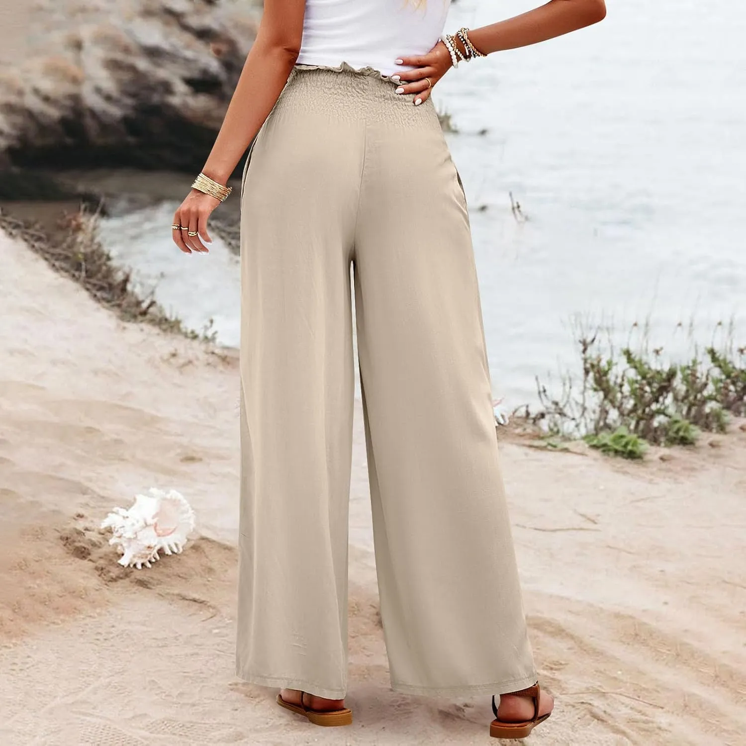 Wide Leg Pants for Women Cotton Linen Summer Pants Casual Elastic Waist High Waisted with Pockets Soft Solid Trouser