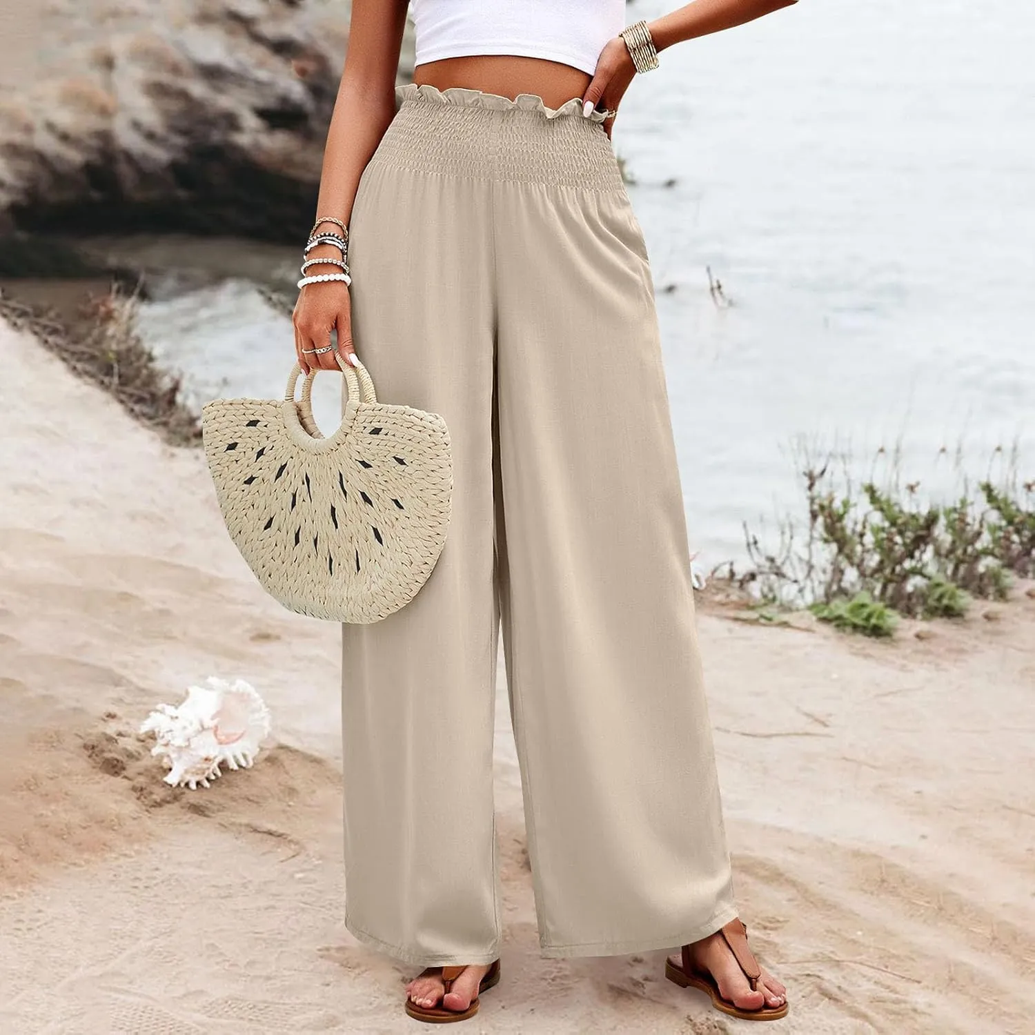Wide Leg Pants for Women Cotton Linen Summer Pants Casual Elastic Waist High Waisted with Pockets Soft Solid Trouser