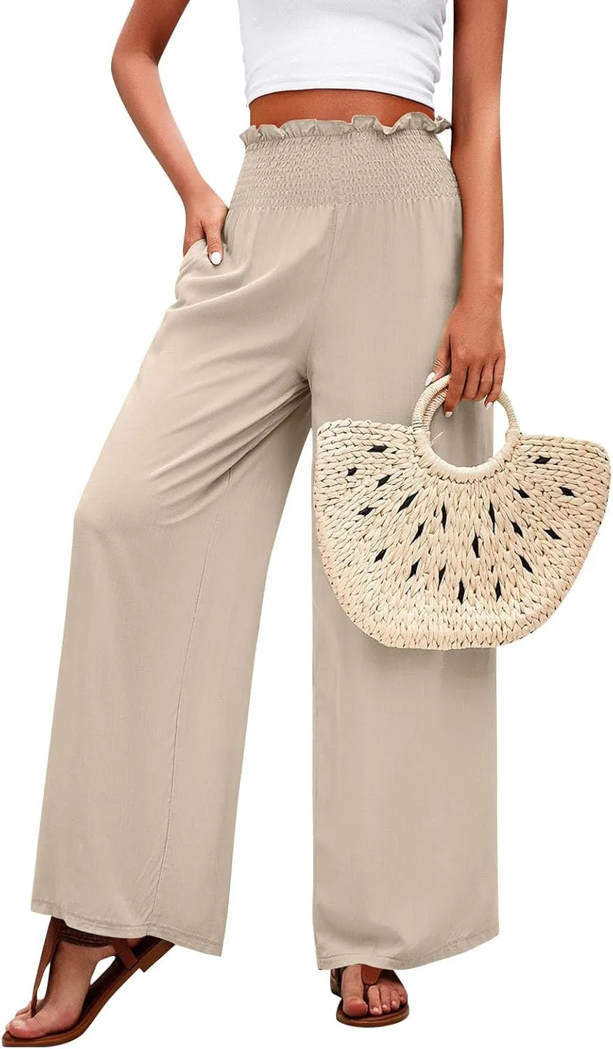 Wide Leg Pants for Women Cotton Linen Summer Pants Casual Elastic Waist High Waisted with Pockets Soft Solid Trouser