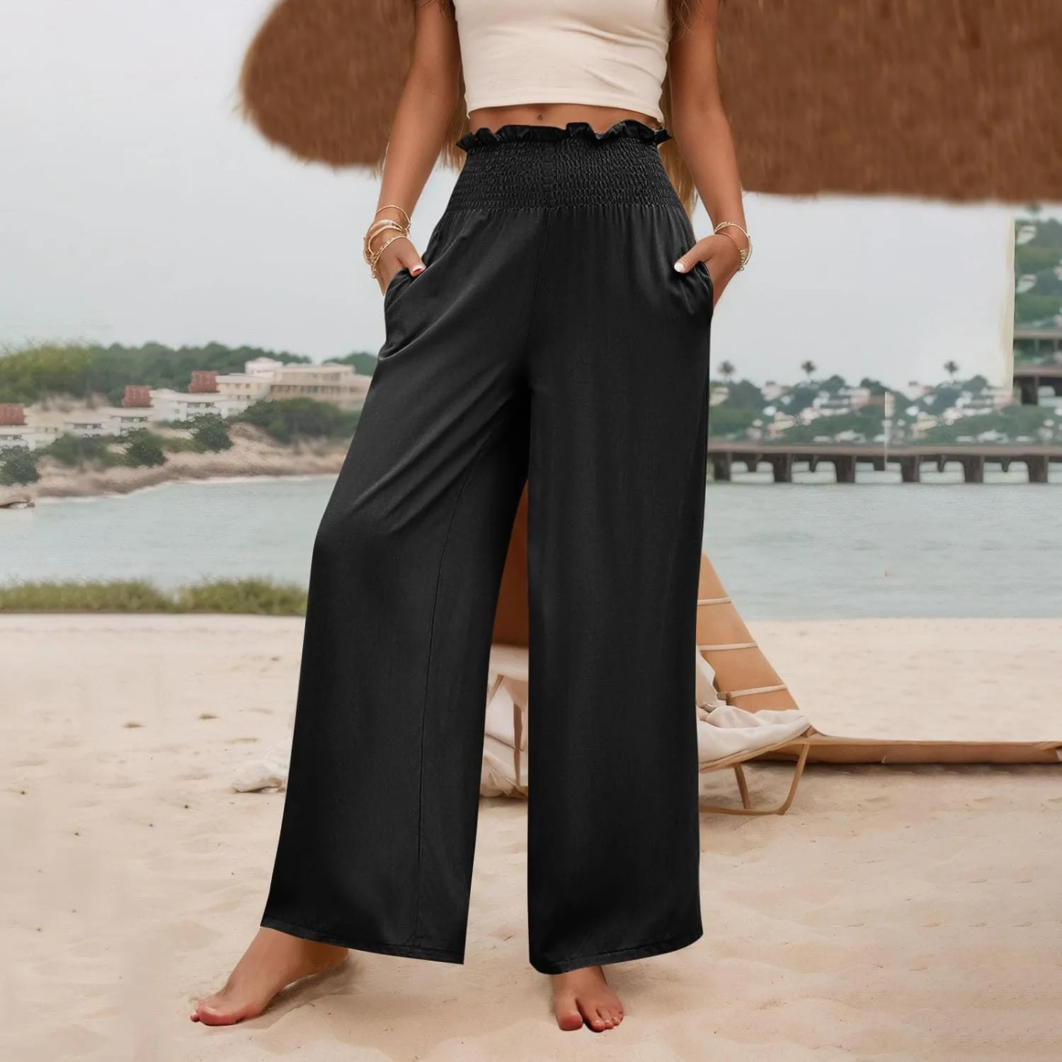 Wide Leg Pants for Women Cotton Linen Summer Pants Casual Elastic Waist High Waisted with Pockets Soft Solid Trouser