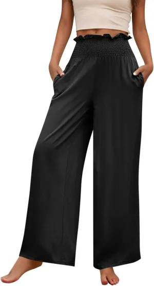 Wide Leg Pants for Women Cotton Linen Summer Pants Casual Elastic Waist High Waisted with Pockets Soft Solid Trouser