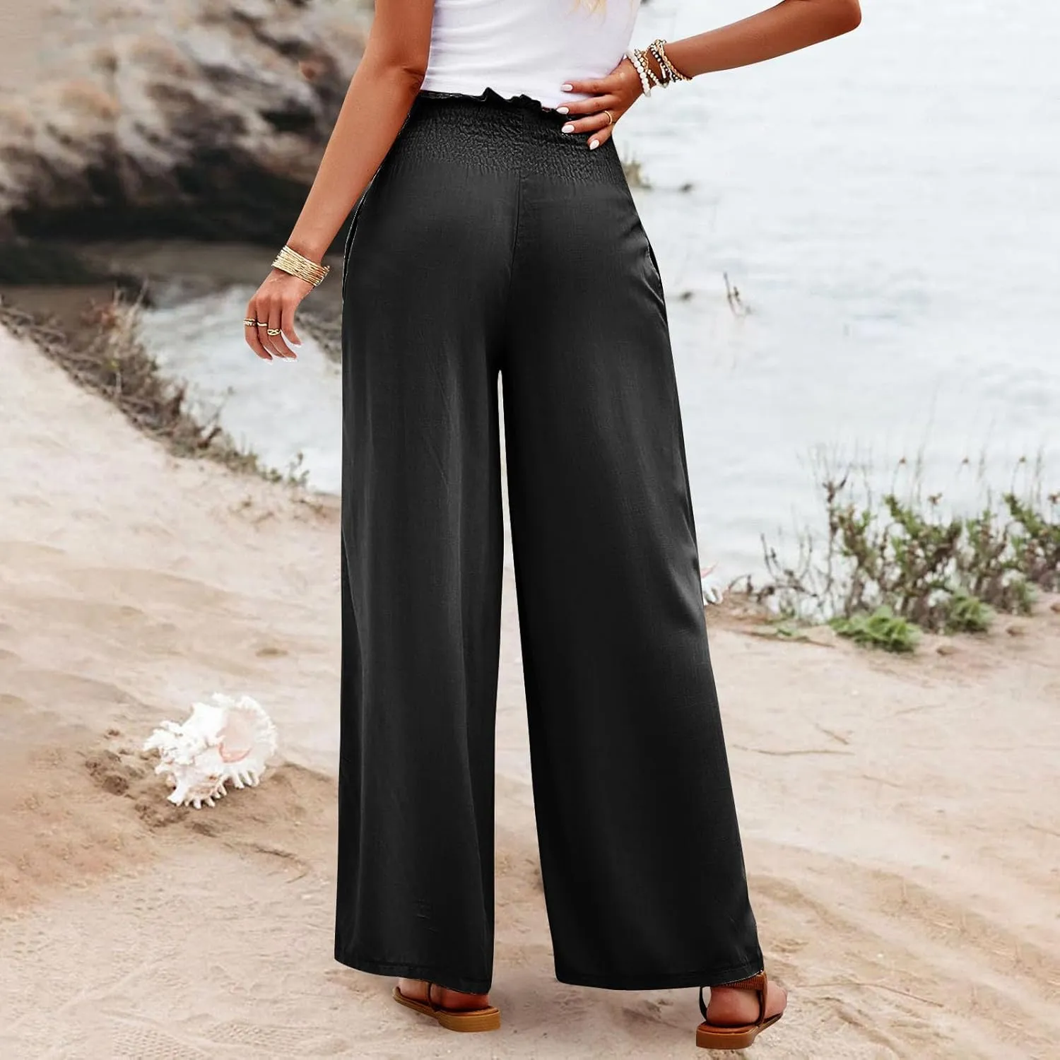 Wide Leg Pants for Women Cotton Linen Summer Pants Casual Elastic Waist High Waisted with Pockets Soft Solid Trouser
