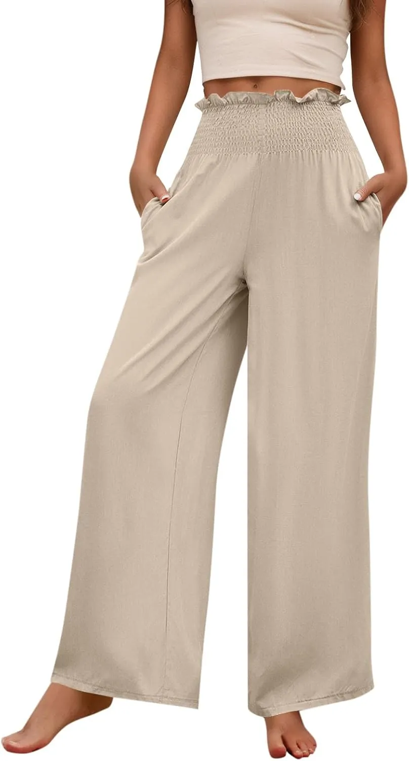 Wide Leg Pants for Women Cotton Linen Summer Pants Casual Elastic Waist High Waisted with Pockets Soft Solid Trouser