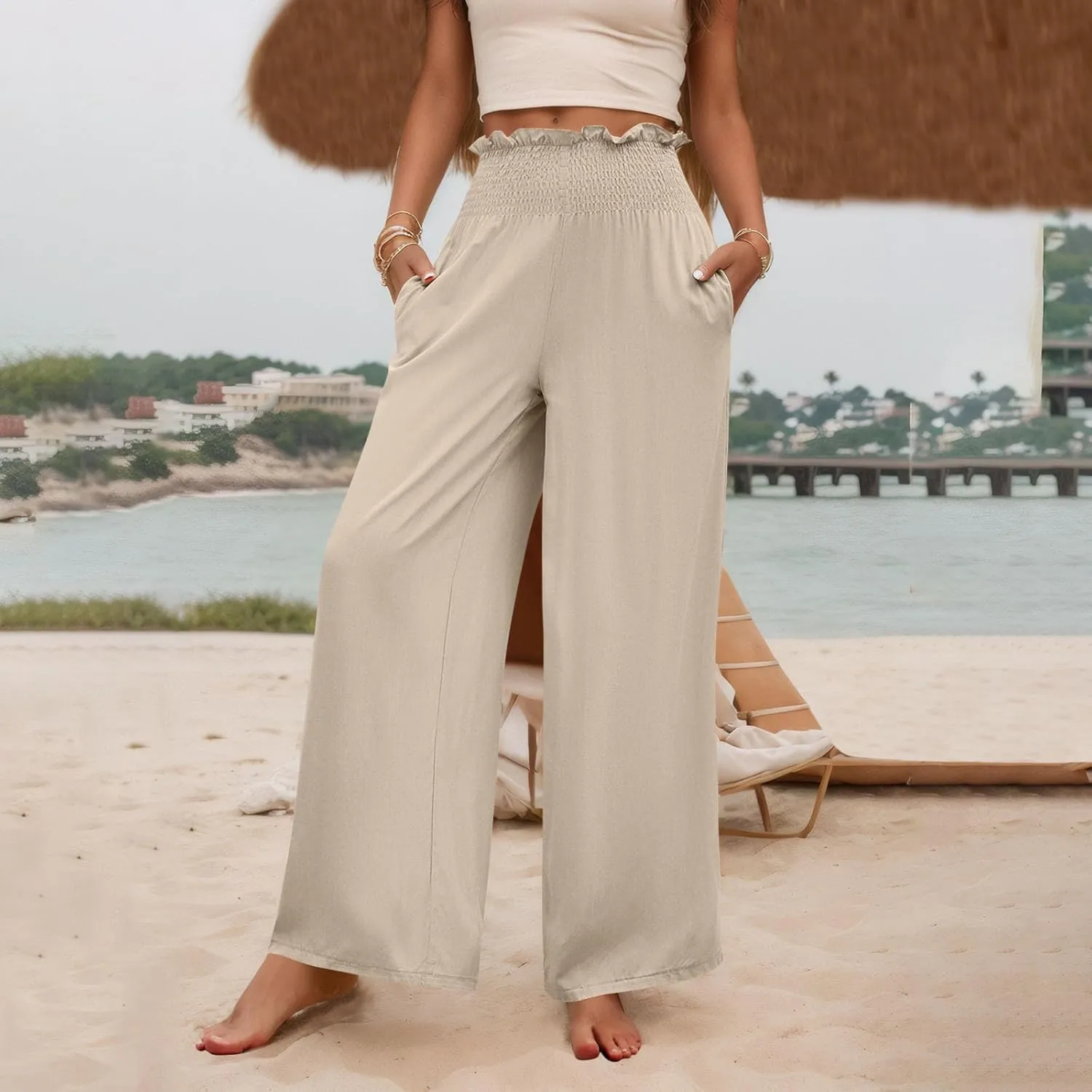 Wide Leg Pants for Women Cotton Linen Summer Pants Casual Elastic Waist High Waisted with Pockets Soft Solid Trouser