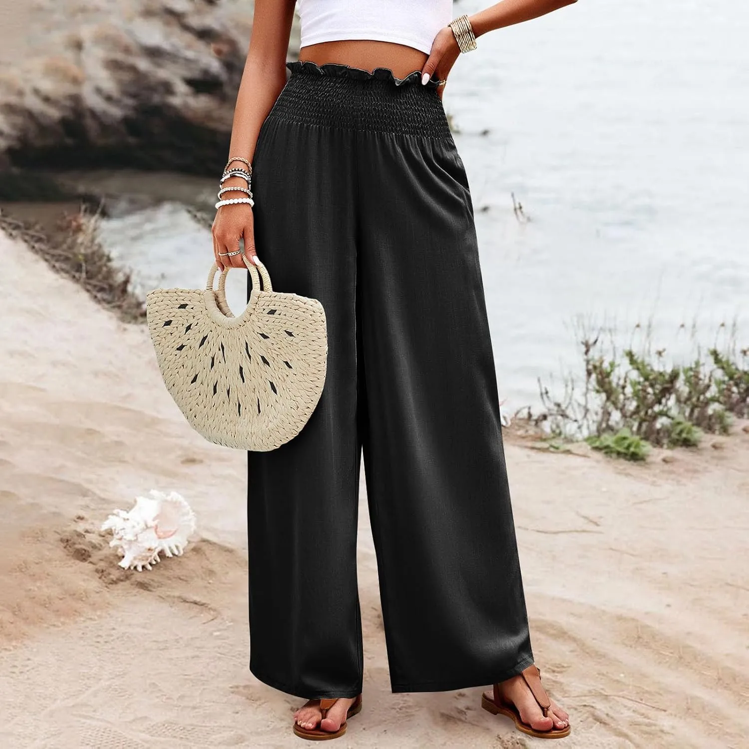 Wide Leg Pants for Women Cotton Linen Summer Pants Casual Elastic Waist High Waisted with Pockets Soft Solid Trouser