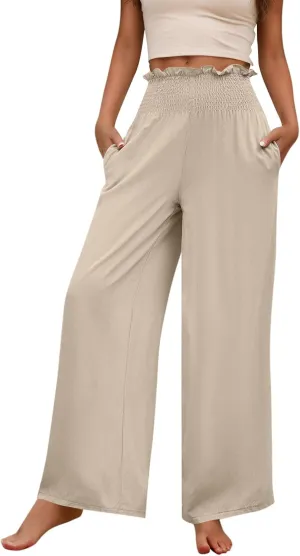 Wide Leg Pants for Women Cotton Linen Summer Pants Casual Elastic Waist High Waisted with Pockets Soft Solid Trouser