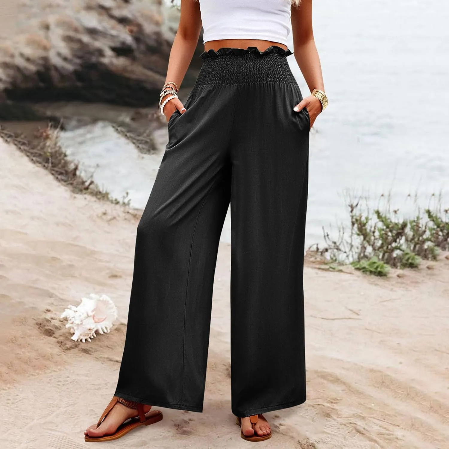 Wide Leg Pants for Women Cotton Linen Summer Pants Casual Elastic Waist High Waisted with Pockets Soft Solid Trouser