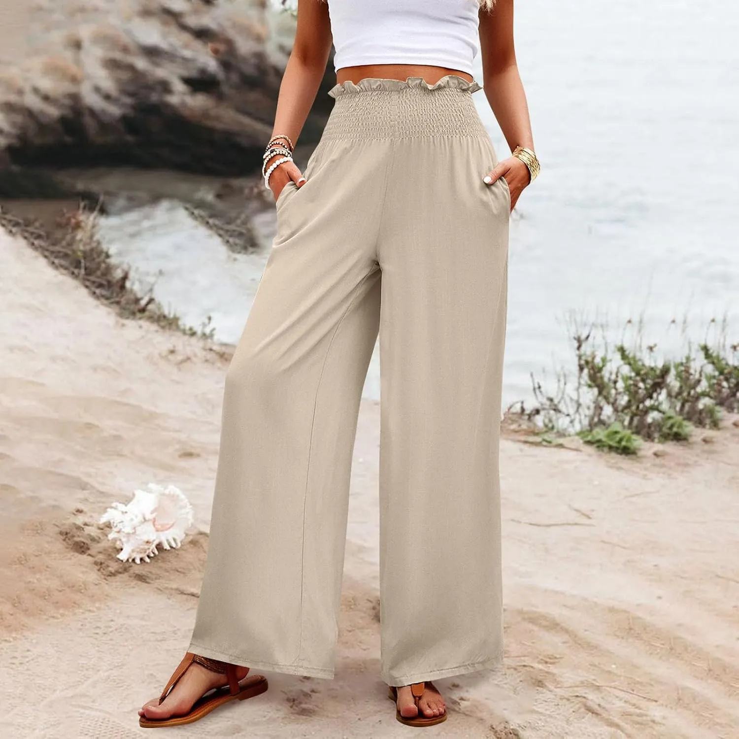 Wide Leg Pants for Women Cotton Linen Summer Pants Casual Elastic Waist High Waisted with Pockets Soft Solid Trouser