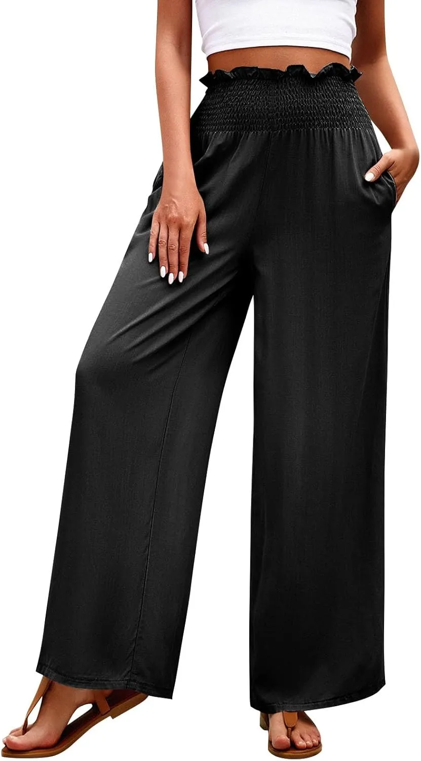Wide Leg Pants for Women Cotton Linen Summer Pants Casual Elastic Waist High Waisted with Pockets Soft Solid Trouser