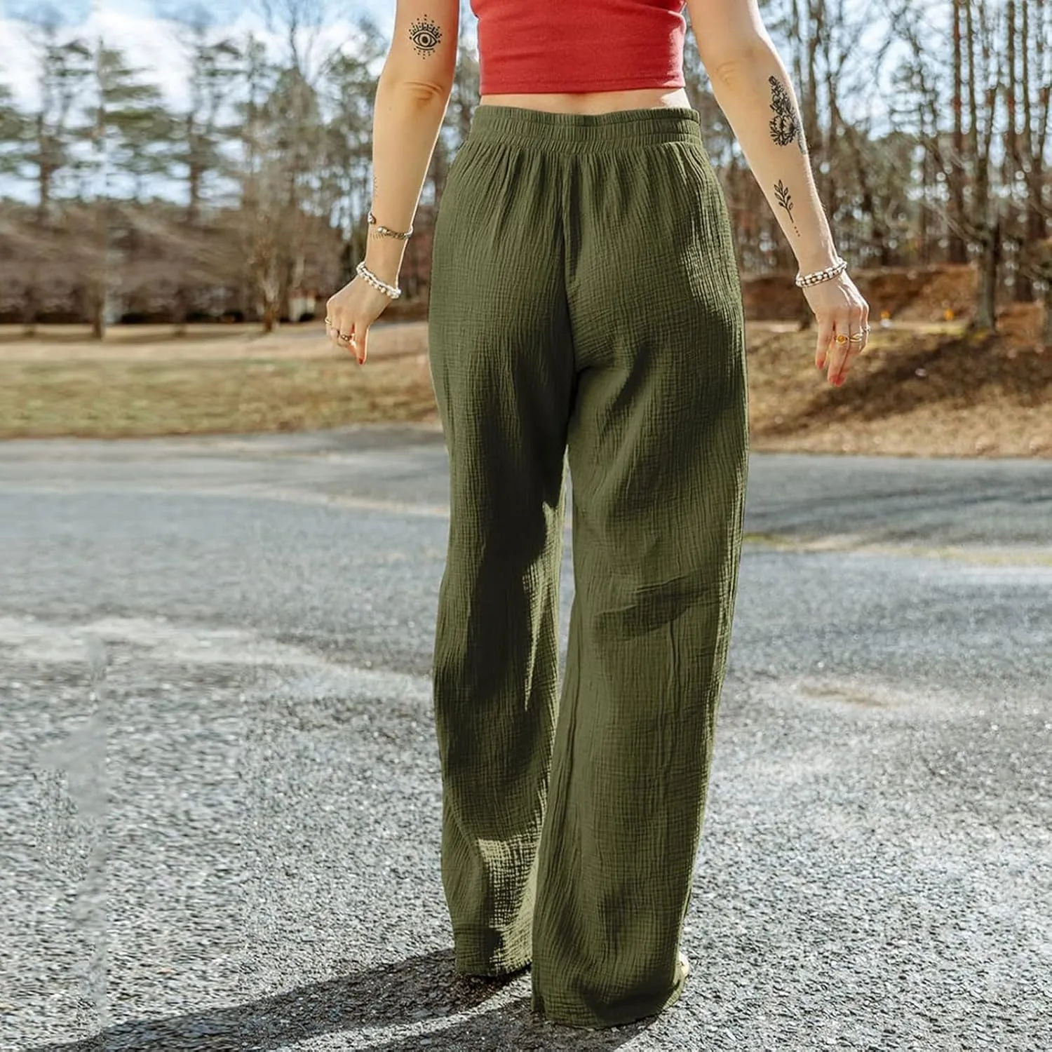 Wide Leg Pants for Women High Waist Solid Color Loose Fit Casual Trousers Workout Drawstring Pant with Pockets