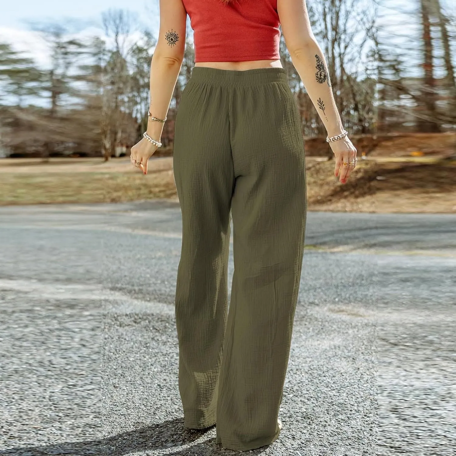 Wide Leg Pants for Women High Waist Solid Color Loose Fit Casual Trousers Workout Drawstring Pant with Pockets