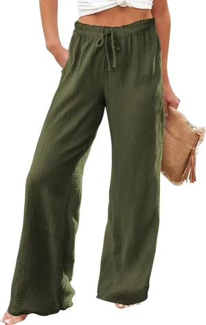 Wide Leg Pants for Women High Waist Solid Color Loose Fit Casual Trousers Workout Drawstring Pant with Pockets
